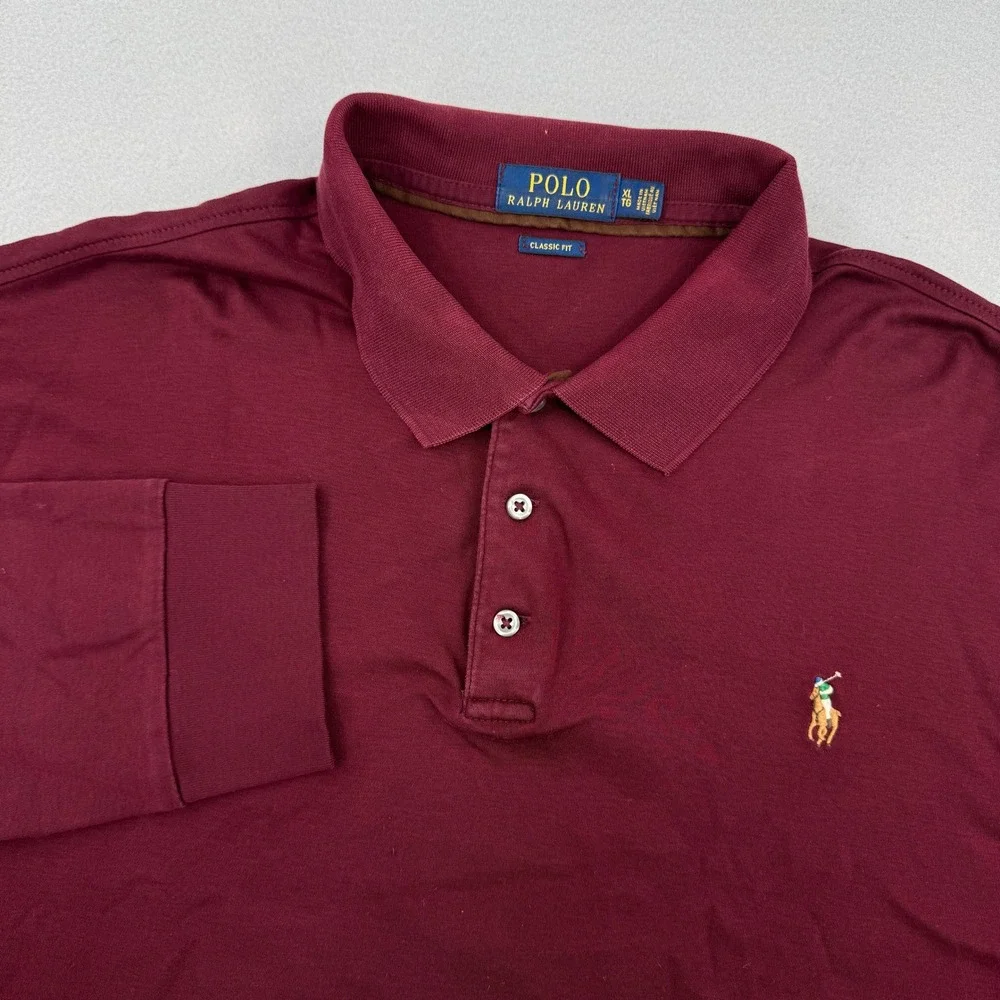 Polo‎ Ralph Lauren Long Sleeve Soft Cotton Polo Shirt Mens XL Maroon Flesh Pony